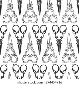 Vintage scissors seamless background. Hand drawn vector pattern. Decorative design illustration.