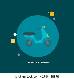 Vintage scooter blue with black seat side view flat concept design