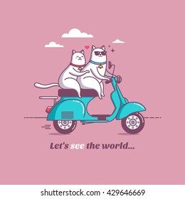 vintage scooter with cat, cool stuff, vector illustration