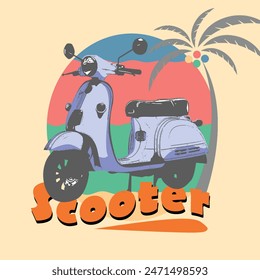 Vintage scooter design poster with yellow background, colourfull background 