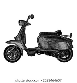 Vintage scooter gravura estilo de design. Uma nova scooter que tem um design clássico. Design de ilustração Scooter. Arte detalhada ilustração editável.