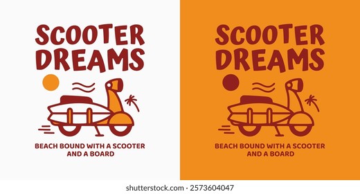 Vintage Scooter Illustration with Beach Vibes and Surfboard Elements.