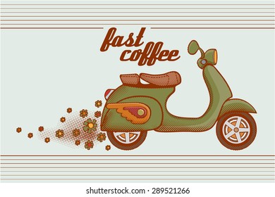 Vintage scooter with a trail of flowers and title fast coffee