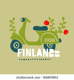 Vintage scooter, traveling in Finland. Vector label of Suomi.