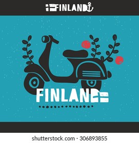 Vintage scooter, traveling in Finland. Vector label of Suomi.