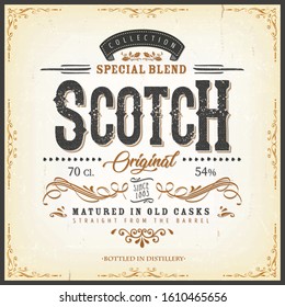 Vintage Scotch Whisky Label For Bottle/
Illustration of a vintage design elegant whisky label, with crafted letterring, specific product mentions, textures and celtic patterns, on blue and gold backgr