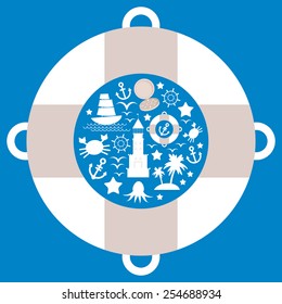 Vintage scrap nautical card with sea objects collection. Vector 