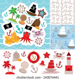 Vintage scrap nautical card and seamless pattern with sea animals, boats pirates. cute sea objects collection. Vector illustration