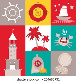 Vintage scrap nautical card and seamless pattern with sea animals, boats, lighthouse. cute sea objects collection. Vector 