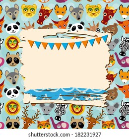Vintage scrap template card with photo frame and animals background, pattern. Vector 