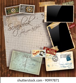 Vintage scrapbook composition with old style distressed postage design elements and antique photo frames plus some post stickers. Background is wood.