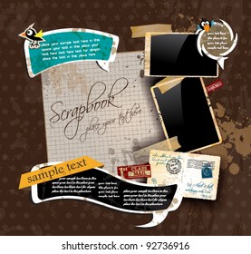 Vintage scrapbook composition with old style distressed postage design elements and antique photo frames plus some post stickers. Background is wood.