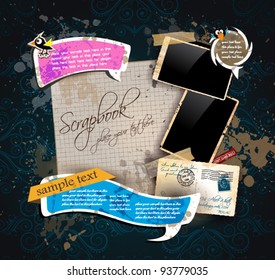 Vintage scrapbook composition with old style distressed postage design elements and antique photo frames plus some post stickers. Background is wood.