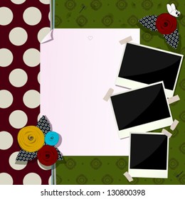Vintage scrapbook composition with paper like flowers, antique photo frames and butterfly