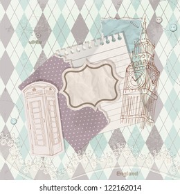 Vintage scrapbook elements in british style. Background with the London Big Ben and red telephone box