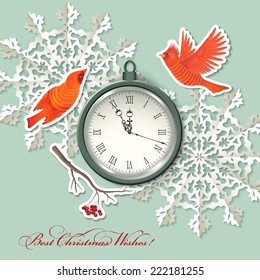 Vintage scrapbook elements Christmas background with clock, birds, origami snowflake,