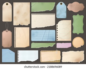 Vintage scrapbook elements. Note page with paper texture and torn edge, vintage tag and old sticker label vector set. Realistic colorful pieces or damaged notepaper sheets for messages