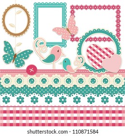 Vintage scrapbook elements set with birds and hearts