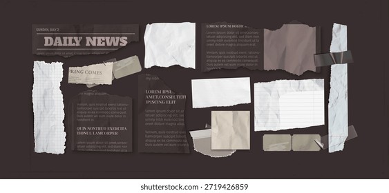 Elementos de álbumes de recortes de Antiguas con hojas de cuaderno rotas y recortes de periódicos para composiciones de collage. Texturas de papel con titulares de noticias diarias, páginas de cuadrícula y bordes rasgados para la elaboración de revistas.