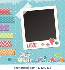 Vintage scrapbook elements, washi tape strips, photoframe