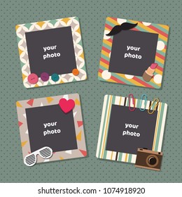 Vintage scrapbook picture frames. Retro kids birthday photo frame vector templates. Picture frame, album photograph, snapshot on wall illustration