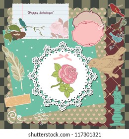 Vintage scrapbook template. Birds