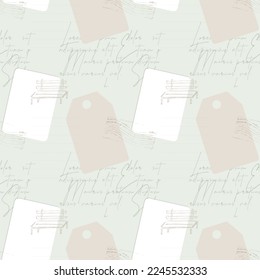 Patrón de collage de raspado de época con etiqueta, texto, dibujado a mano, sello, líneas. Ilustración del vector