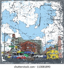Vintage scratched background with cityscape.