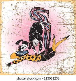 Vintage scratched background with clown characters.