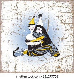 Vintage scratched background with clown characters.