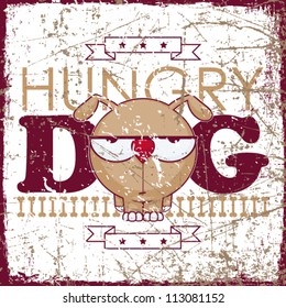 Vintage scratched background with hungry cartoon doggy.