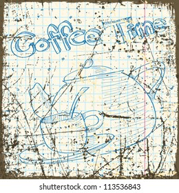 Vintage scratched background with teapot and cup.
