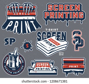 Vintage screen printing composition with skeleton hands holding squeegee silkscreen blot inscriptions shirts isolated vector illustration