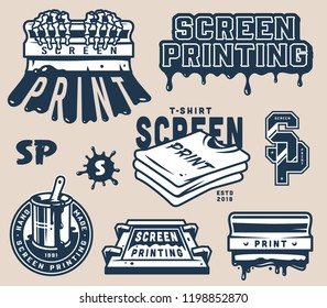 Vintage screen printing concept with squeegees shirts lightnings letterings paint splashes on gray background isolated vector illustration