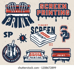 Vintage screen printing elements collection with squeegees letterings silkscreen shirts serigraphy label isolated vector illustration