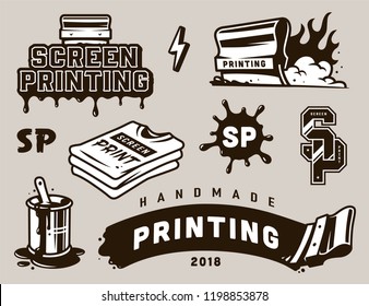 Vintage screen printing elements composition with flaming squeegee brush in bucket can shirts inscriptions isolated vector illustration