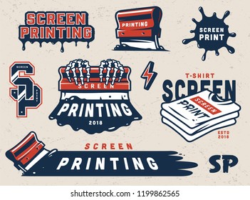 Vintage screen printing elements set with squeegees shirts paint splashes letterings in green and white colors isolated vector illustration