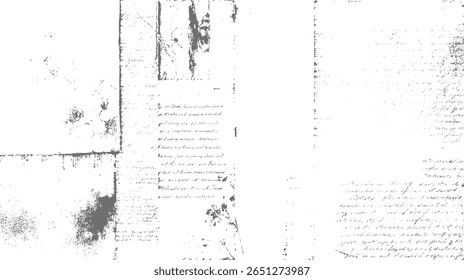 Vintage script grunge texture with aged handwritten letter fragments. Abstract distressed overlay design on white background. Faded document paper art.

