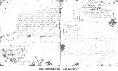 Vintage script grunge texture with aged handwritten letter fragments. Abstract distressed overlay design on white background. Faded document paper art.
