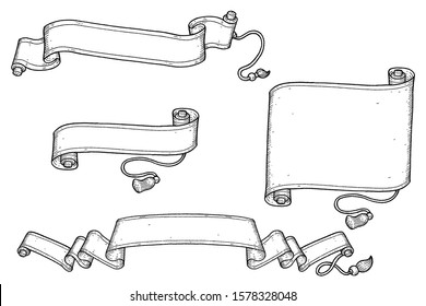 Vintage scroll ribbon banners set. Vector illustrations.