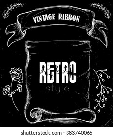 Vintage scroll and ribbon in chalk grunge style on black background, vector illustration