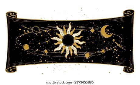 Desplazamiento vintage del universo con el sol y planetas sobre un fondo negro con estrellas. Tarjeta para Tarot, astrología, zodiac. Ornamento místico vectorial en estilo boho aislado en fondo blanco.