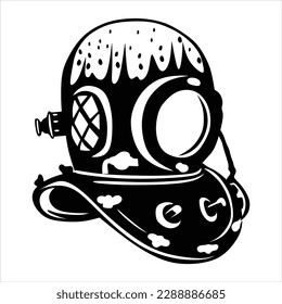 Vintage scuba diver helmet in black and white atline for illustration
