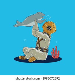 Vintage Scuba Diver Lifting up Baby Sea Lion Vector Illustration
