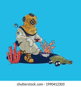 Vintage Scuba Diver playing Remote control turtle vector illustration