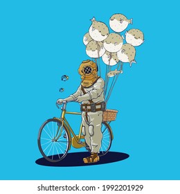 Vintage Scuba Diver Selling Puffer Fish Balloon Vector Illustration