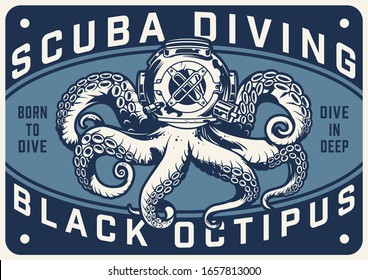 Vintage scuba diving horizontal poster with octopus in diver helmet vector illustration