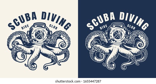 Vintage scuba diving monochrome emblem with octopus in diver helmet isolated vector illustration