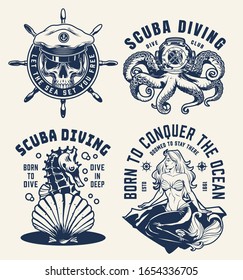 Vintage scuba diving and nautical emblems with skull in sea captain hat ship wheel octopus in diving helmet seahorse seashell mermaid isolated vector illustration