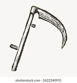 Vintage scythe illustration with a curved blade and wooden handle. The scythe is depicted in a detailed, hand-drawn style, emphasizing its rustic, vintage charm. Vintage illustration vector.
